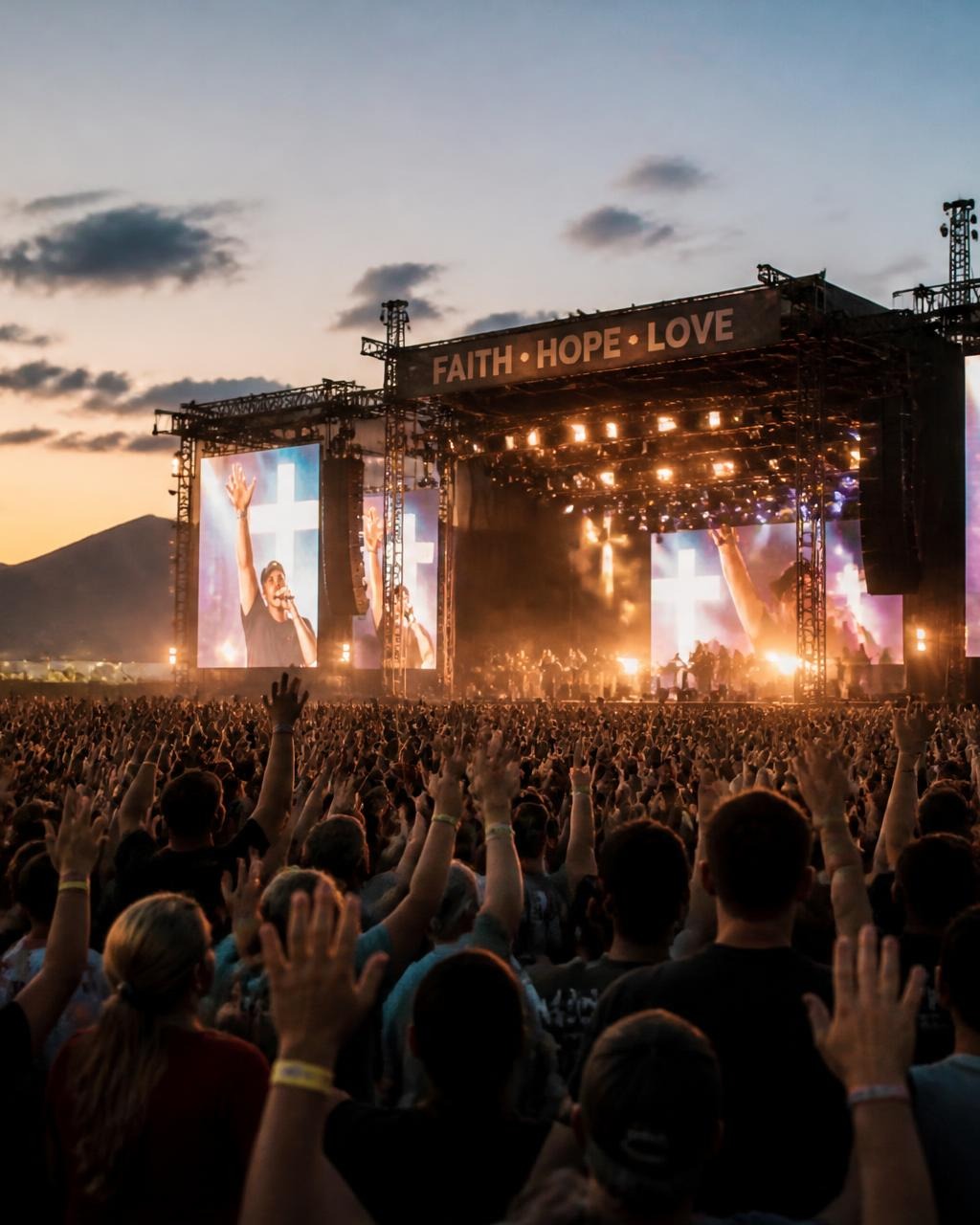 Attendees worshipping at the ChristStrong Festival as the band appears on the main stage screens